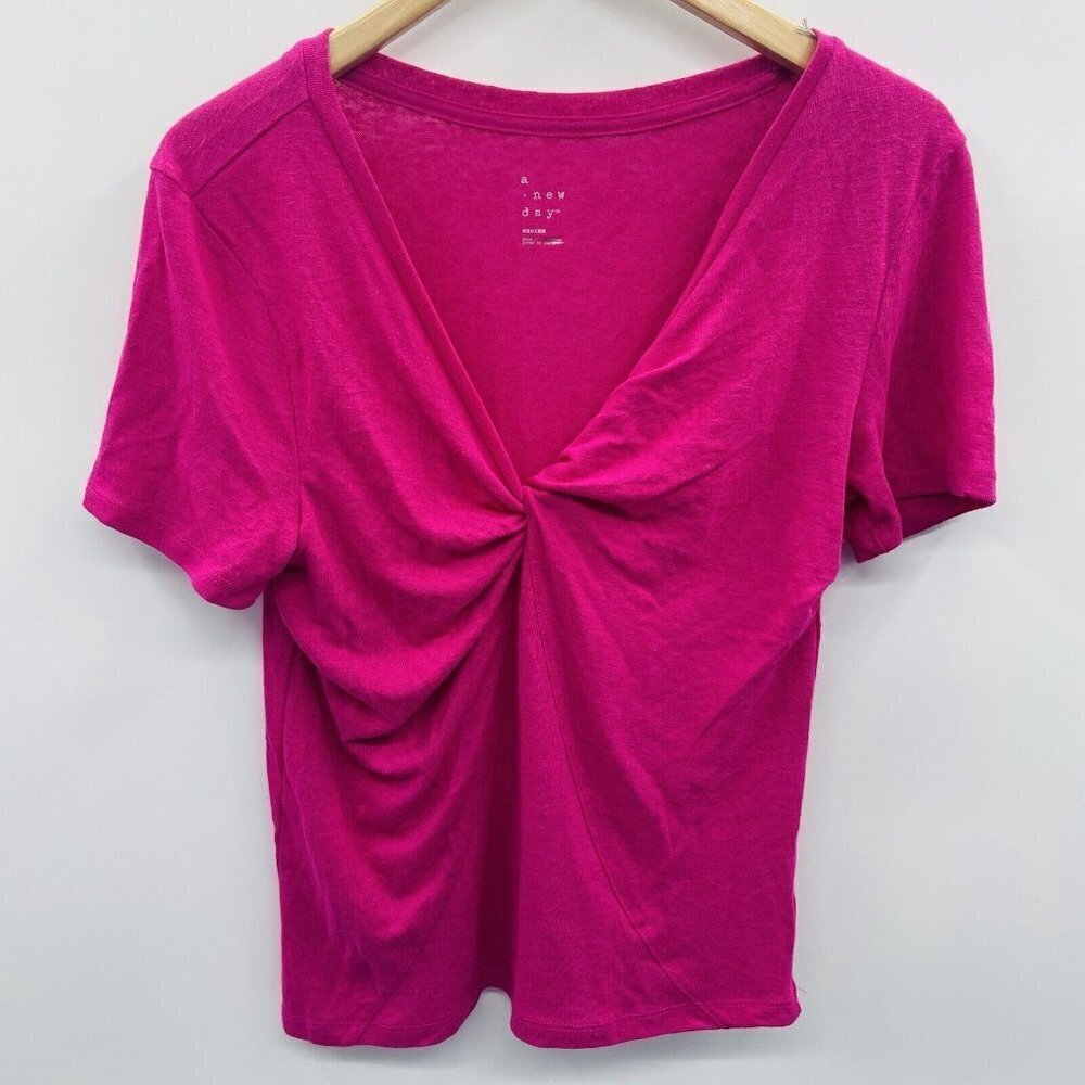 A New Day Womens Size Medium Twisted V-Neck Linen Short Sleeve T-Shirt Pink 2394